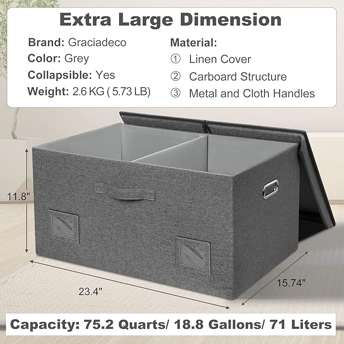 Graciadeco 75 Quarts Extra Large Decorative Storage Bins with Lids, 1 Pack Gray Collapsible Storage Bins with Lids, Stackable Storage Bins Decorative Box Storage With Lid Extra Large