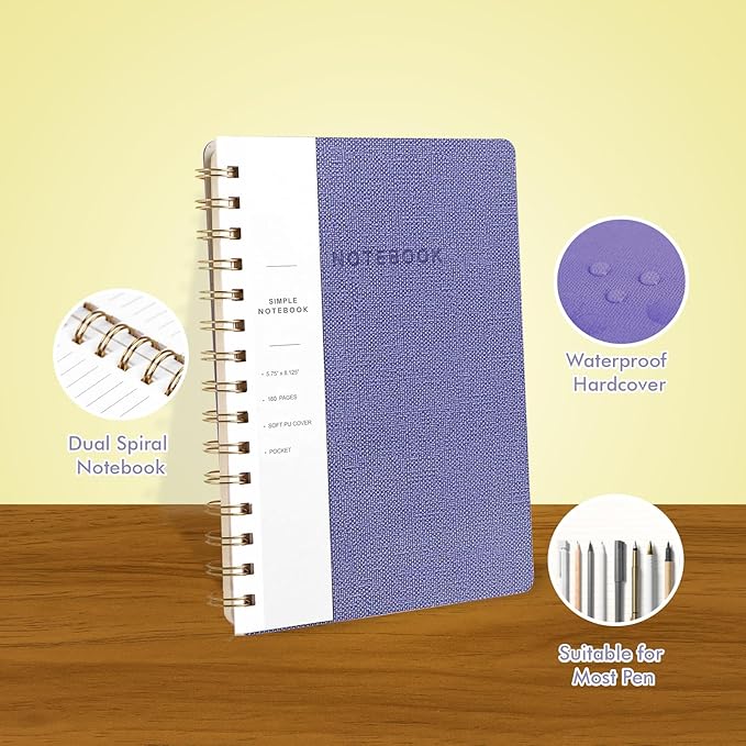 Spiral Notebook-5.75" x 8.125" College Ruled Journal with Inner Pockets and 160 Pages,PU Leather Cover Business Journal, Twin-Wire Binding Notebook Perfect for Office & Home School Supplies 3 pack Violet ReefBlue Grey