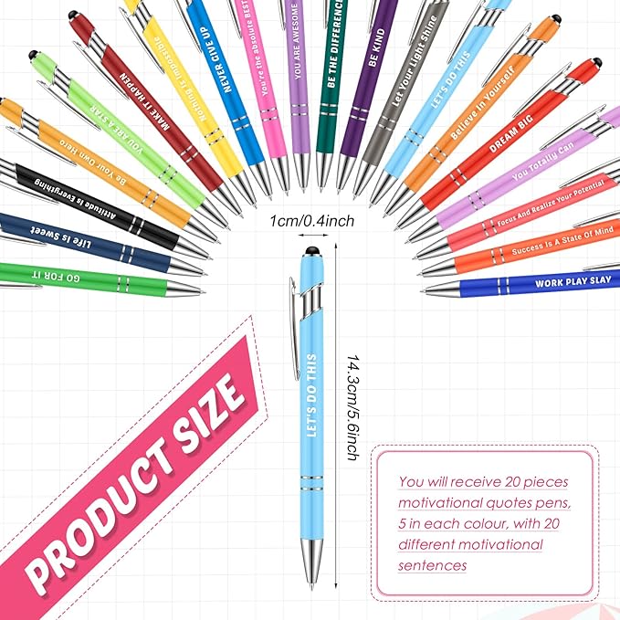 Lounsweer 100 Pieces Inspirational Ballpoint Pens with Motivational Messages, 20 Colors, 1mm Black Ink, Stylus Tip, Fun and Encouraging Gifts for Teachers, Students, Office and School Supplies