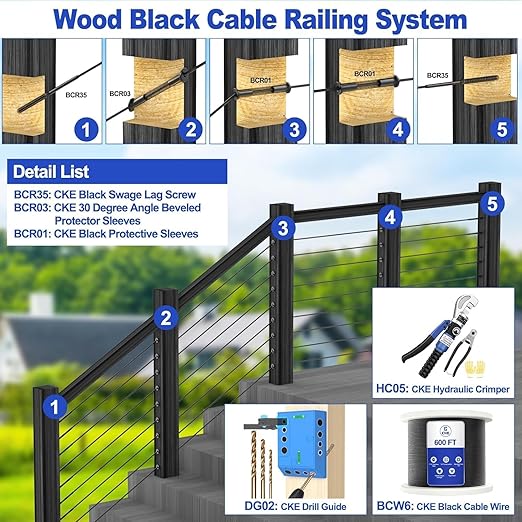 CKE 150 Pack T316 Stainless Steel Black Protector Sleeves for 1/8" 5/32" or 3/16" Cable Deck Stair Railing Kit System, Black Cable Railing Protective Sleeves for Wood Posts, DIY Balustrade, BCR01-3/16
