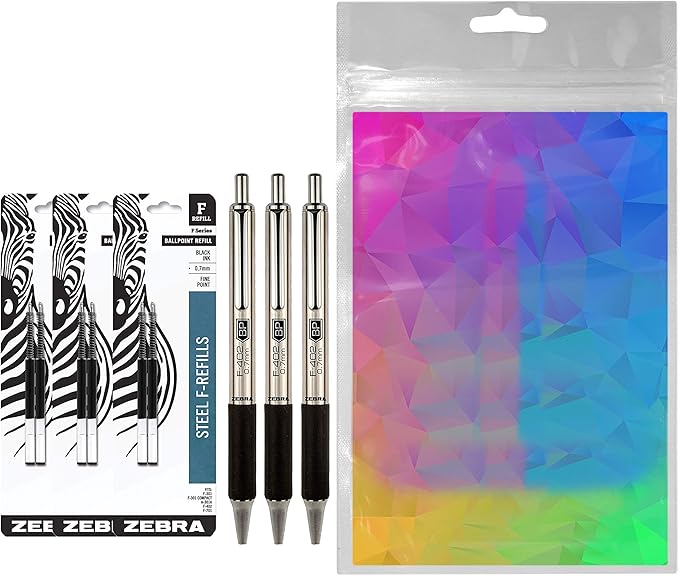 Zebra F-402 Ballpoint Stainless Steel Retractable Pens With Refills, Fine Point, 0.7mm, Black Ink, 6-Count Bundle with Plastic Reusable Pouch