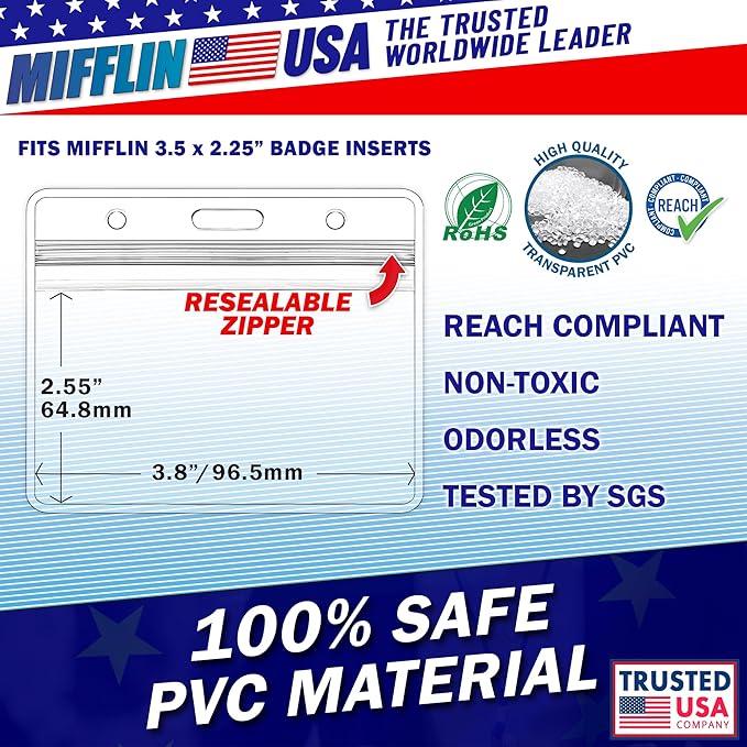 Mifflin-USA Horizontal ID Name Badge Holder (Clear, 3.5x2.25 Inches, 1000 Pack), Waterproof and Resealable Plastic Card Holders