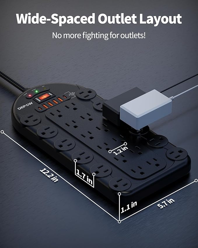 20 Ft Power Strip Surge Protector (3,400 Joules), DEPOW 24 AC Multiple Outlets (1875W/15A) with 6 USBs (2 USB-C Ports), ETL Listed, Flat Plug Heavy Duty Long Extension Cord for Home, Office, Black