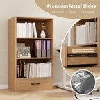 LOKO 4-Tier Bookcase with Storage Drawer, Modern Organizer Display Storage Shelves with Anti-toppling Device, Freestanding Bookshelf w/ 3 Open Shelves & 1 Drawer, Living Room, Study, Office (Natural)
