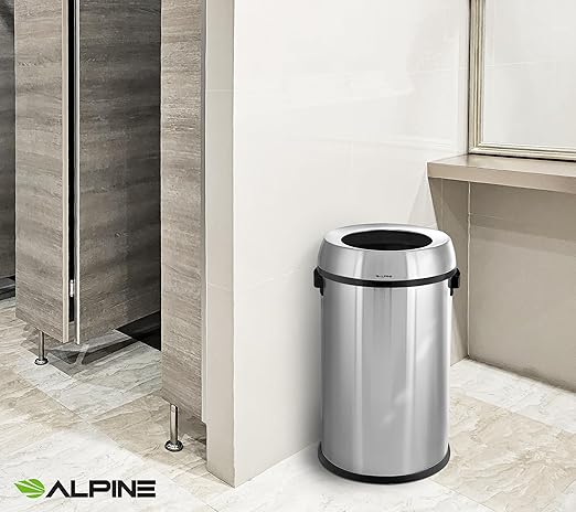 Alpine 17 Gallon Stainless Steel Open Top Trash Can – Commercial-Grade, Corrosion-Resistant, Brushed Finish, Large Capacity Garbage Bin for Home, Office, Restaurant & High-Traffic Areas.