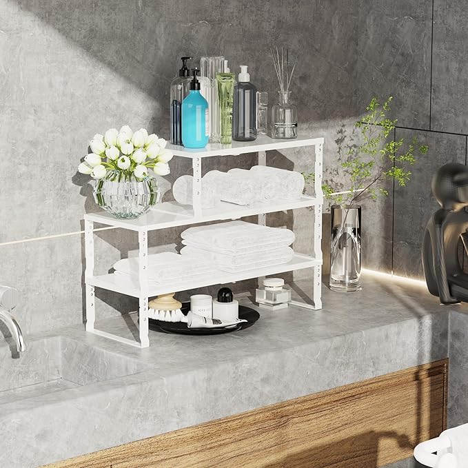 Jojocross Expandable Stackable Spice Rack Organizer for Kitchen Cabinet,Adjustable Counter Shelf, countertop, Pantry,Cupboard,Bathroom,Bedroom(2Packs/White/Large)