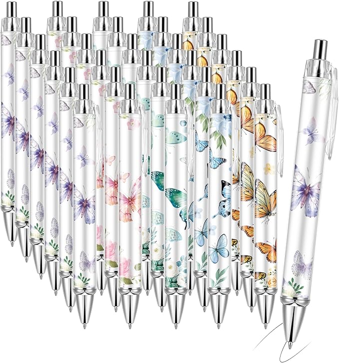 30 PCS Butterfly Ballpoint Pen Retractable Ballpoint Pen, 0.5mm Ball Point Pens for Office Stationery Home School Supplies for Women Teacher Gifts Black Ink, Medium Point (Butterfly, 30)