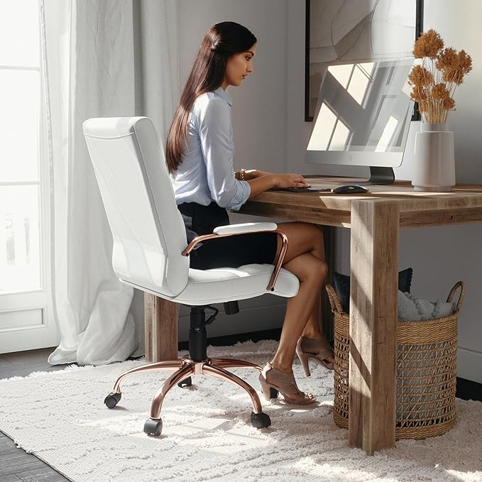 Flash Furniture Whitney Mid-Back Swivel LeatherSoft Desk Chair with Padded Seat and Armrests, Adjustable Height Padded LeatherSoft Office Chair, White/Rose Gold