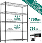 M MZG 5 Tiers Shelf 1750 lbs Steel Storage Shelving Utility Shelving Unit Steel Organizer Wire Rack for Home,Kitchen,Office,Garage Black 17.7" D x 47.2" W x 72.4" H