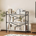 Homeiju 3 Tier Bookshelf 31.49" Width, Wood and Metal Etagere Bookcase, Vintage Farmhouse Modern Wooden Big Book Shelf for Home Living Room Bedroom Office Storage(White)