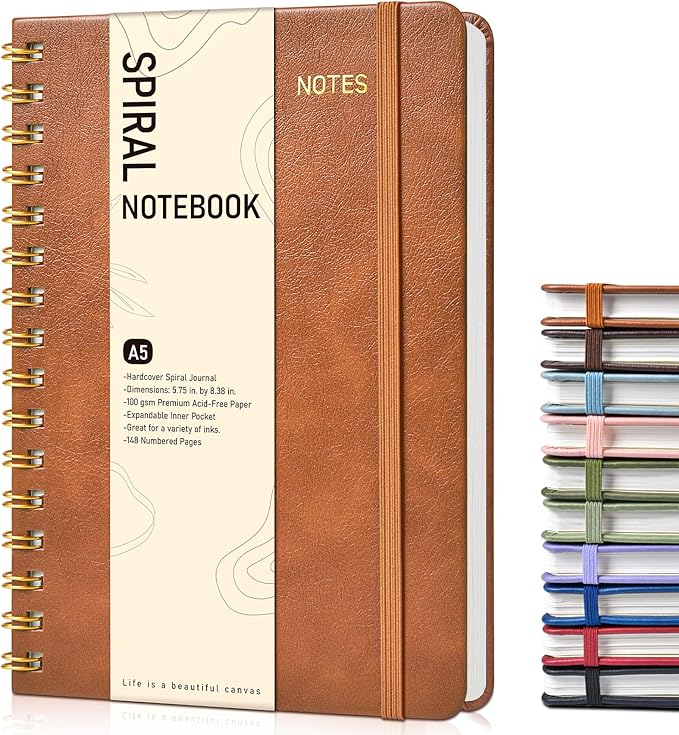 Dotted Spiral Journal Notebook, A5 Hardcover Spiral Journals for Women Men, 100 GSM Dot Grid Paper Notebooks, 150 Pages Spiral Bullet Dotted Notebook for Writing Note Taking 5.75" x 8.38", Brown