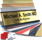Personalized Name Plate with Choice of Mounting for Walls, Doors, Desk Holders, Cubicles, Hanging and More - Custom Brushed Brass Plastic Black Letters - USA Made 2x8 - M6