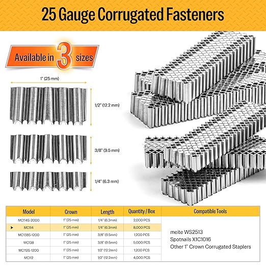 meite Corrugated Fasteners MC114 25 Gauge 1-Inch Crown 1/4-Inch Length Corrugated W Fastener Staples 8,000 PCS/Case (1 Case Pack)