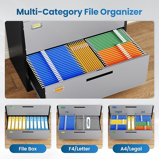 PEUKC 2 Drawer File Cabinet, Lateral Filing Cabinets for Home Office, Office Storage Drawers with Lock, Hanging Files Legal/Letter A4 Size (Assemble Required,Black Grey)