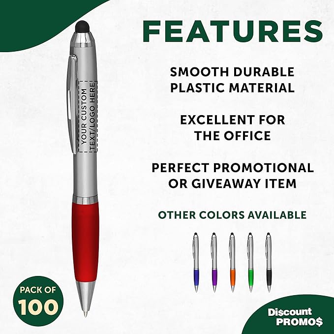 DISCOUNT PROMOS Custom Stylus Ballpoint Pens Set of 100, Personalized Bulk Pack - Black Ink, Great for Office, School, Business, Tradeshows, Events - Red