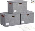 Roobyl 17" Large Collapsible Storage Bins with Lids, Stackable Closet Organizers with PU Handle and Labels, 3-Pack Decorative Fabric Storage Boxes for Home, Bedroom, Closet, Office, Nursery(Gray)