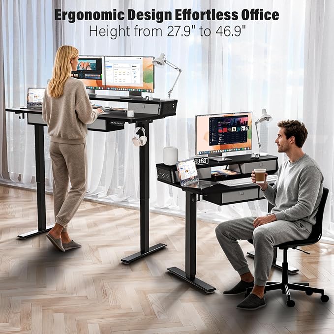 Kingant 55 x 24 Inch Electric Standing Desk with 4 Drawers, Height Adjustable Sit to Stand Computer Desk with Storage Shelf and C-Clamp Mount Compatibility for Home Office, Black