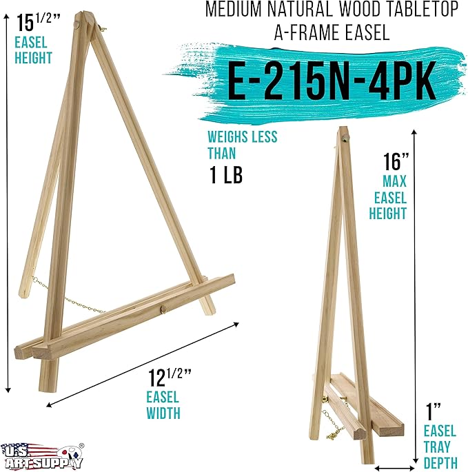 U.S. Art Supply 16" Natural Wood Tabletop Easel (4 Pack) - Adjustable A-Frame Canvas Stand for Painting Party & Signs - Table Top Easel for Painting, Canvas Holder, Crafts, Photos, Pictures