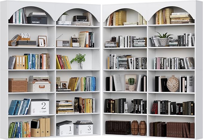 70.8’’ Tall Bookshelf and Bookcase of 2 pcs, 7-Tier Double Wide Bookcase Modern Large Open Display Shelves with Curved Baffle for Home Office Living Room (White-2pcs)