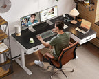 OffiGo L Shaped Electric Standing Desk with Wooden Drawers, 55 Inch Height Adjustable Corner Workstation with Power Outlets, Sit Stand Table for Home, Office, White+Black