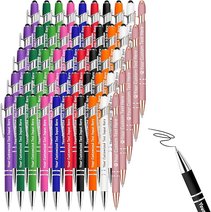 Up to 500 Pcs Personalized Ballpoint Pen Custom Pens Free Engraved Bulk with Name Logo Soft Black Ink Stylus with Touch Metal Office Gift for Anniversaries Graduations Birthdays