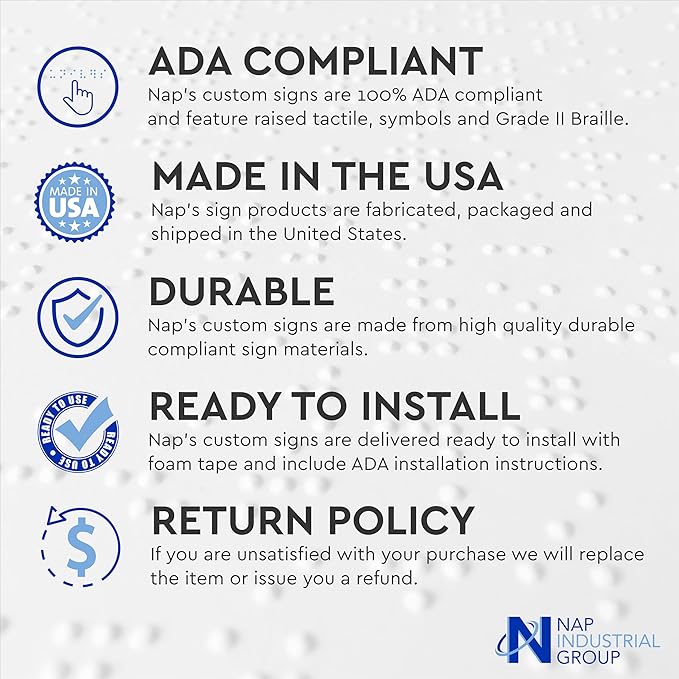 NAP TAGS ADA-compliant Exit Sign (6" x 3"). Features raised text and Braille on a blue background. Durable, easy to install, and perfect for any indoor facility.