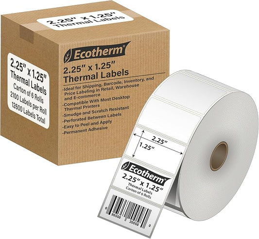 2.25" x 1.25" Thermal Labels | 6 Rolls | 12600 Labels | fits Zebra, Munbyn, Rollo, Godex, Arkscan, iDPRT, Offnova Thermal Label Printers and More | Blank White Adhesive Stickers by Ecotherm