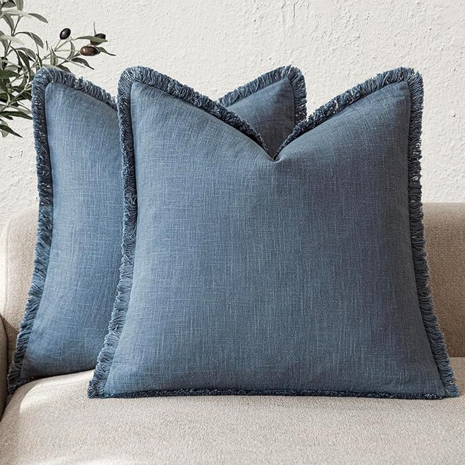 Foindtower Set of 2 Decorative Linen Fringe Throw Pillow Covers Cozy Farmhouse Cushion Cover with Tassels Accent Pillowcase for Couch Chair Sofa Bed Living Room Home Decor,18×18 Inch,Dark Blue