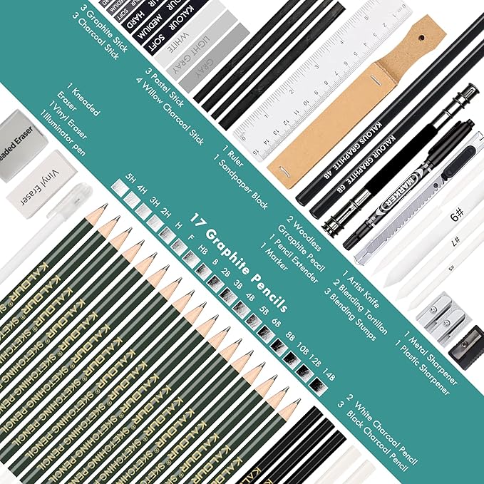 KALOUR 54-Pack Sketch Drawing Pencils Kit with Sketchbook,Include Graphite,Charcoal Pencils and Artists Tools,Pro Art Drawing Supplies for Adults Kids Beginners,ideal for Sketching Shading