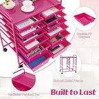 Happygrill 12-Drawer Rolling Storage Cart, Multipurpose Storage Cart W/Lockable Wheels, 2 Sizes Plastic Drawers & Metal Shelf, Mobile Utility Cart for Home Office School (Hot Pink)