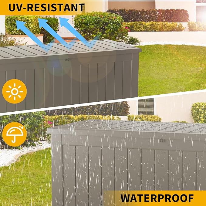 PATIOEASY Outdoor Storage Box 150GAL Waterproof Resin Deck Box,UV-Resistant Lockable Package Delivery Bin for Garden Tools,Large Patio Outside Cushions,Pool Accessories Supplies,Chest,Furniture,Grey