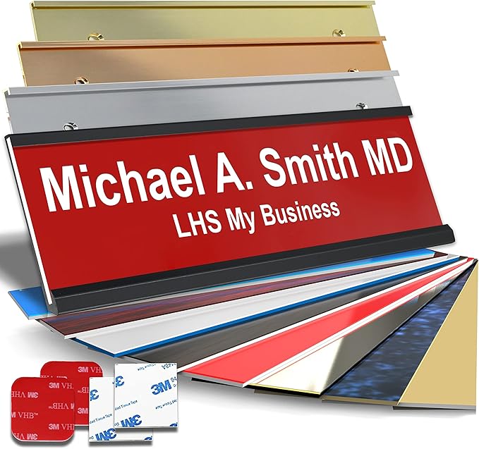 Custom Name Plate with Choice of Mounting for Walls, Doors, Cubicles, Hanging and More - Personalized Red Plastic White Letters - USA Made 2x12 - B7
