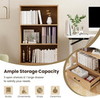 LOKO 4-Tier Bookcase with Storage Drawer, Modern Organizer Display Storage Shelves with Anti-toppling Device, Freestanding Bookshelf w/ 3 Open Shelves & 1 Drawer, Living Room, Study, Office (Natural)