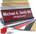 Personalized Name Plate with Choice of Mounting Holders for Walls, Doors, Cubicles, Hanging and More - Custom Burgandy Plastic White Letters - USA Made 2x6 - B26