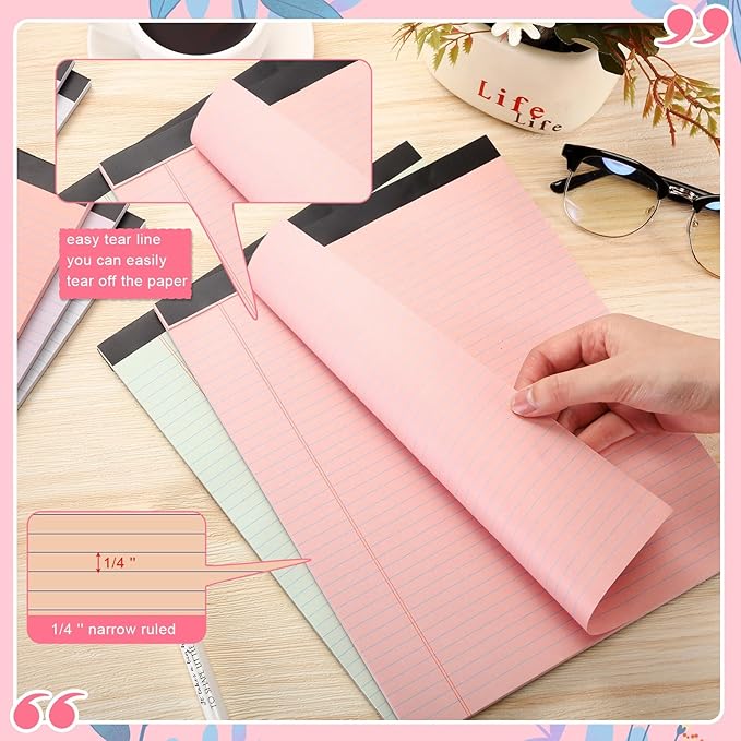 Fuutreo 8 Pcs 8.5'' x 11'' Colored Legal Pad Writing Pads Narrow Ruled 50 Sheets Per Notepad Perforated Writing Notepad Office Supplies for College Office Business (Sweet Color)