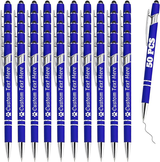 Personalized Pens Bulk 50 with Name Custom Engraving Ballpoint Pens with Stylus Tip Customized Smooth Writing Pens Personalized Gifts for Anniversary Birthday or Graduation(Blue,Black Ink)
