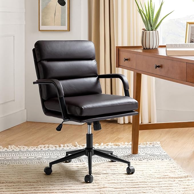 HULALA HOME Modern Faux Leather Home Office Chair with Tilt Lock & Metal Base, Desk Chair with Wheels & Padded Cushion, 360° Swivel Wide Seat Computer Task Chair, Brown