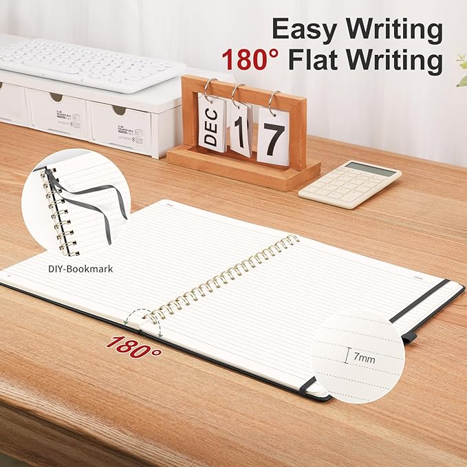 AHGXG Lined Spiral Notebook Journal for Women, 140 Pages Hardcover Leather Notebook College Ruled, A5 5.7" x 8.3", 100 GSM Thick Paper, Notebooks for School Work, Journals for Writing, Black