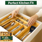 DAVIDOK Expandable Bamboo Drawer Organizer for Kitchen - 8 to 10 Slots Large Silverware Organizer for Utensils, Cutlery, Flatware & Kitchen Gadgets | Multiple Use, Non-Slip Feet Included