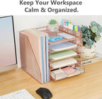 Gugsey Desk Organizer, 5-Tier Paper Letter Tray Organizer with File Holder, Drawer and Pen Holder, Desktop Organizer for Office Supplies, Rose Gold