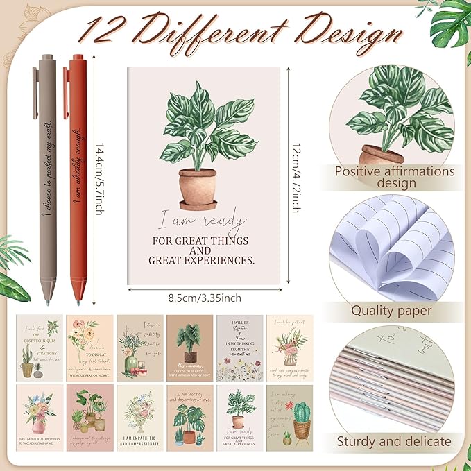 24 Set/48 Pcs Positive Affirmation Gift Set Gratitude Notebooks with Pens Small Bags Motivational Encouragement Notepads Daily Affirmations Journal for Women Stress Relief Self Care (Flower)