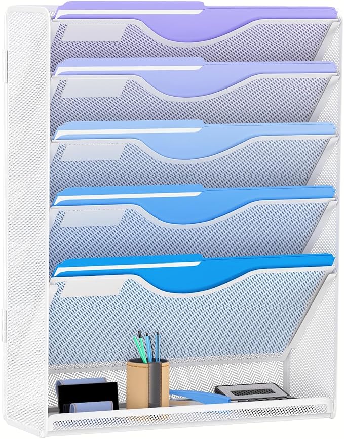 6 Tier Hanging File Organizer, Mesh Wall File Holder Paper Folder Rack with Bottom Flat Tray for Office Home, White