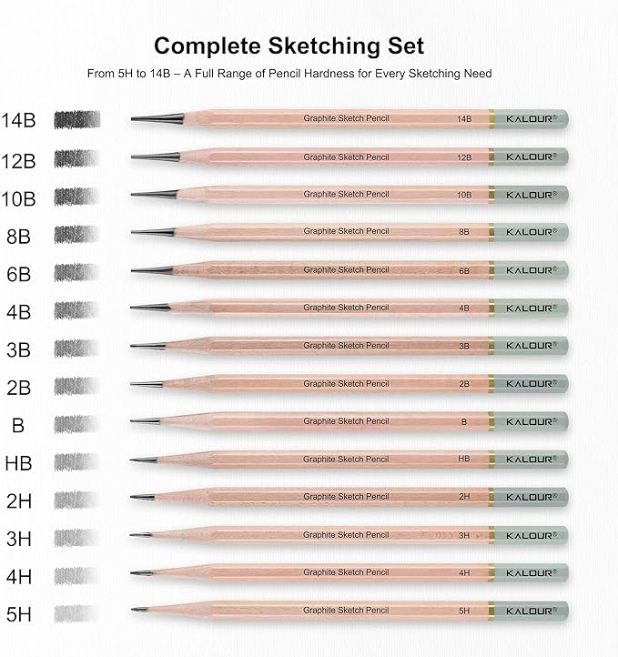 KALOUR 18-Piece Professional Sketch Pencil Set - Includes 5H to 14B Pencils, Vinyl Eraser, Kneaded Eraser,Sharpener and Paper Blending Stump - Ideal for Artists and Beginners