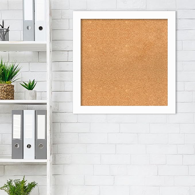 Amanti Art Natural Cork Board for Wall, 25x25 Vision Board with White Frame, Medium Corkboard Office Decor for Home Organization, Casual Corkboard Pinboard to Display Items for Home Organization in