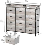 Welfuturer Dresser for Bedroom with 12 Drawers LED Dressers & Chests of Drawers Charging Station Fabric Dresser Storage Organizer Unit for Hallway Entryway Closets Sturdy Steel Frame Wood Top Gray