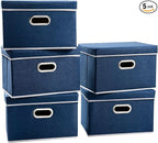 PRANDOM Foldable Storage Bin with Lid [5-Pack] Linen Fabric Decorative Storage Box Organizer Container Basket Cube with Handles Divider for Closet Office Living Room Royal Blue(14.9x9.8x9.8)