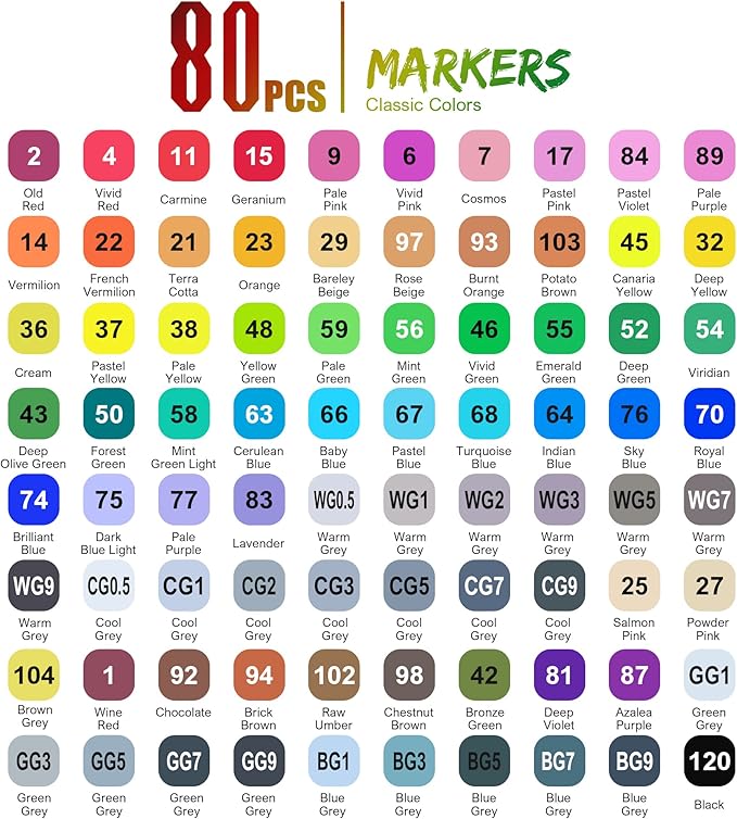 Alcohol Markers Brush Tip: Double Tipped Art Marker, 80 Count, suitable for Adults Artists Painting, Coloring Drawing Sketching, Multicolor