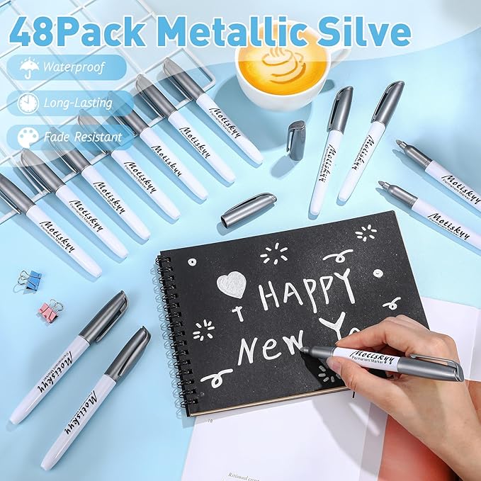 120 Pcs Metallic Permanent Markers Bulk: Silver Metallic Marker Pens Set with Fine Point Tips for Gift Card Making, Artist Illustration, Industrial Marking