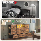 HCHQHS 47 Inch Dresser for Bedroom with 13 Drawers,Side Pockets Hooks and Lights with Remote Control,Hallway,Closet,Kitchen,Large TV Stand (Rustic Brown)