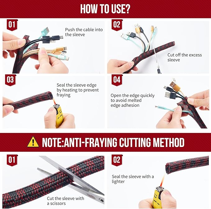 QCSIW Split Cable Sleeve, 3/4" 25ft Black Red Braided Wire Loom for Home Cable Management, Pet Chew Protection and DIY Cord Organizer for Desk and Home Theater